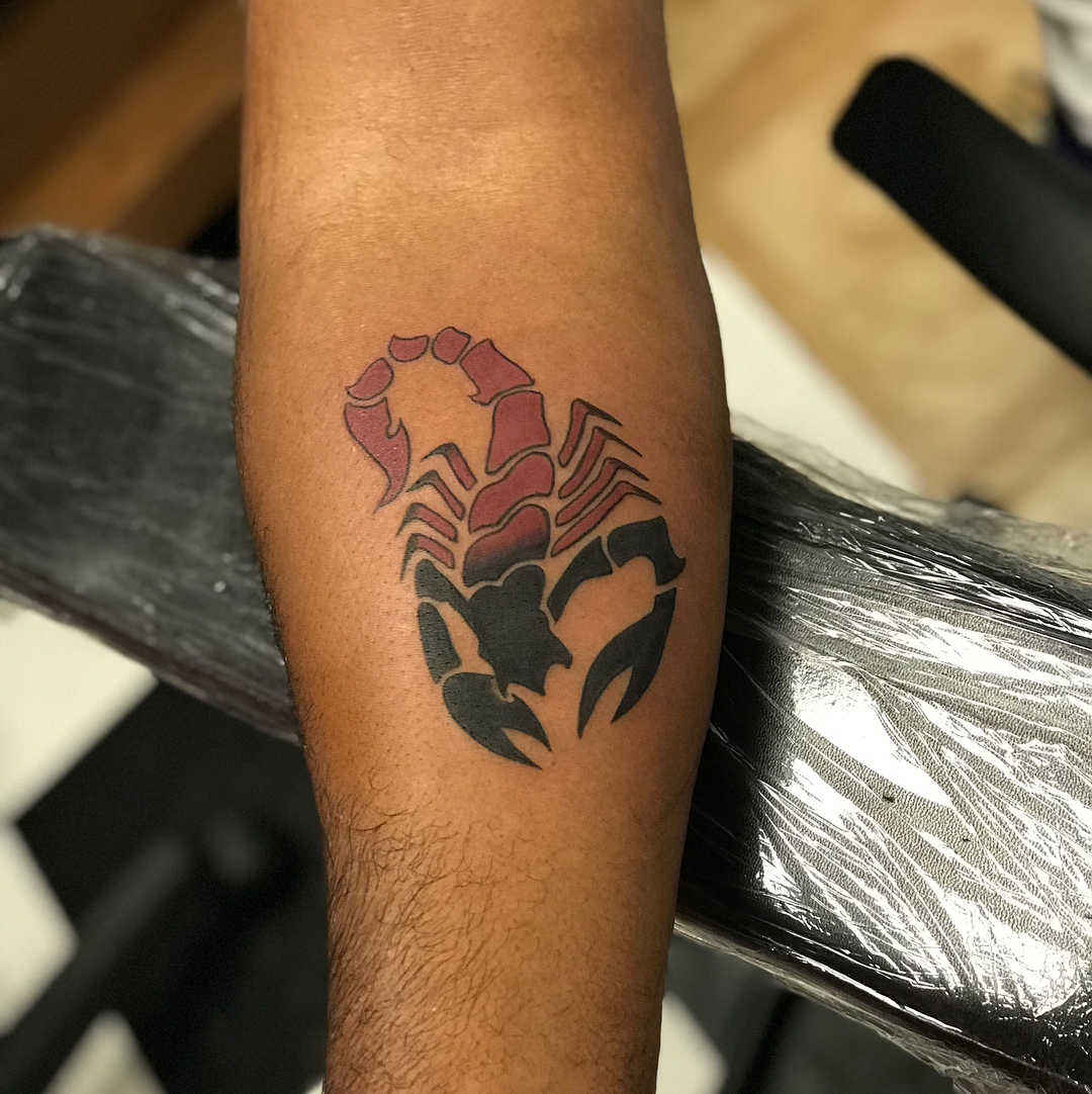 小臂黑灰玫瑰蝎子纹身图案_合肥纹彩刺青