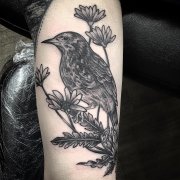大腿黑灰麻雀雏菊纹身图案