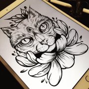 猫咪牡丹纹身手稿